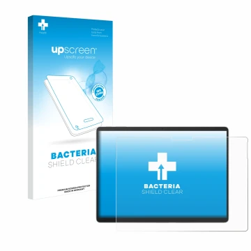 Parte frontal de un envase de producto con el logotipo de la marca upscreen. Al lado se muestra el dispositivo Microsoft Surfa