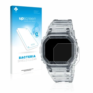 Parte frontal de un envase de producto con el logotipo de la marca upscreen. Al lado se muestra el dispositivo Casio G-Shock D