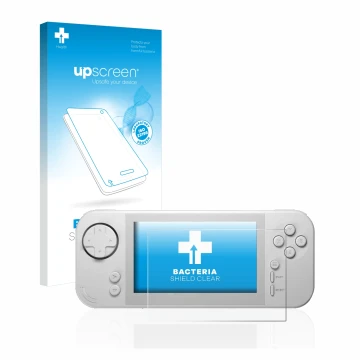 Parte frontal de un envase de producto con el logotipo de la marca upscreen. Al lado se muestra el dispositivo Evercade EXP co