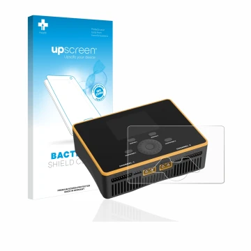 Parte frontal de un envase de producto con el logotipo de la marca upscreen. Al lado se muestra el dispositivo Junsi iCharger 