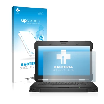 Parte frontal de un envase de producto con el logotipo de la marca upscreen. Al lado se muestra el dispositivo Dell Latitude 5