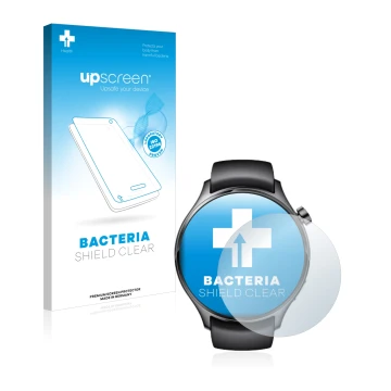 Parte frontal de un envase de producto con el logotipo de la marca upscreen. Al lado se muestra el dispositivo Xiaomi Watch S1