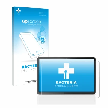 Parte frontal de un envase de producto con el logotipo de la marca upscreen. Al lado se muestra el dispositivo Lenovo Tab P11 