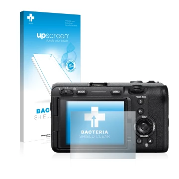 Parte frontal de un envase de producto con el logotipo de la marca upscreen. Al lado se muestra el dispositivo Sony Alpha FX30