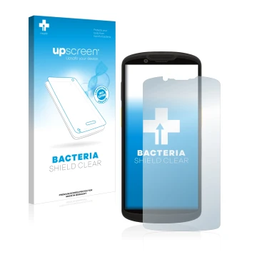 Parte frontal de un envase de producto con el logotipo de la marca upscreen. Al lado se muestra el dispositivo Zebra TC58 con 