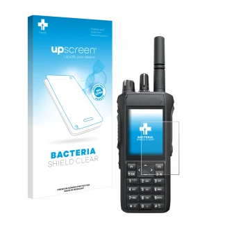 Parte frontal de un envase de producto con el logotipo de la marca upscreen. Al lado se muestra el dispositivo Motorola R7 con