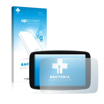 Parte frontal de un envase de producto con el logotipo de la marca upscreen. Al lado se muestra el dispositivo TomTom GO Campe