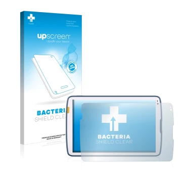Parte frontal de un envase de producto con el logotipo de la marca upscreen. Al lado se muestra el dispositivo Zebra ET45 10.1
