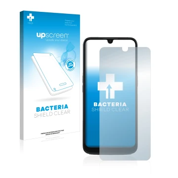 Parte frontal de un envase de producto con el logotipo de la marca upscreen. Al lado se muestra el dispositivo Doro 8100 PLUS 