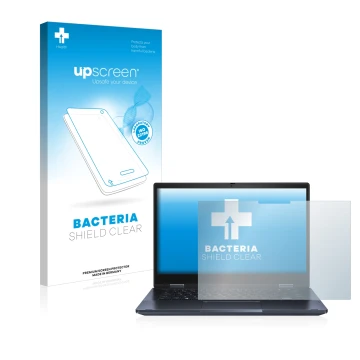 Parte frontal de un envase de producto con el logotipo de la marca upscreen. Al lado se muestra el dispositivo ASUS ExpertBook