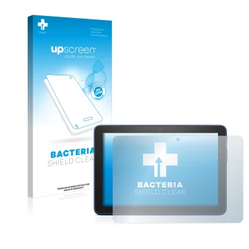 Parte frontal de un envase de producto con el logotipo de la marca upscreen. Al lado se muestra el dispositivo Amazon Fire HD 