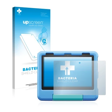 Parte frontal de un envase de producto con el logotipo de la marca upscreen. Al lado se muestra el dispositivo Amazon Fire HD 