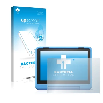 Parte frontal de un envase de producto con el logotipo de la marca upscreen. Al lado se muestra el dispositivo Amazon Fire HD 