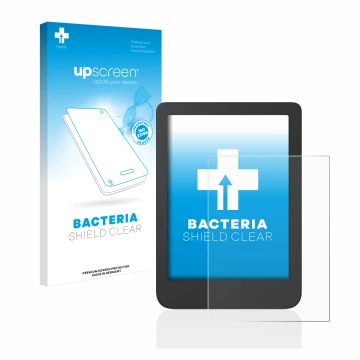 Parte frontal de un envase de producto con el logotipo de la marca upscreen. Al lado se muestra el dispositivo Tolino Shine 4 