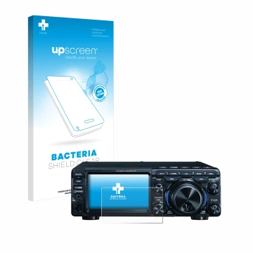 Parte frontal de un envase de producto con el logotipo de la marca upscreen. Al lado se muestra el dispositivo Yaesu FT-710 co