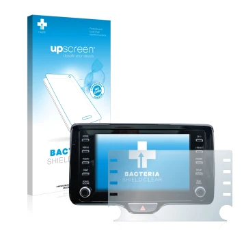Parte frontal de un envase de producto con el logotipo de la marca upscreen. Al lado se muestra el dispositivo Toyota Yaris Cr