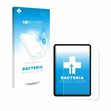 Parte frontal de un envase de producto con el logotipo de la marca upscreen. Al lado se muestra el dispositivo Apple iPad Pro 