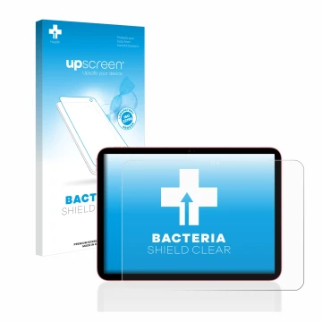 Parte frontal de un envase de producto con el logotipo de la marca upscreen. Al lado se muestra el dispositivo Apple iPad 10.9