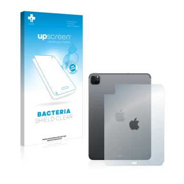 Parte frontal de un envase de producto con el logotipo de la marca upscreen. Al lado se muestra el dispositivo Apple iPad Pro 