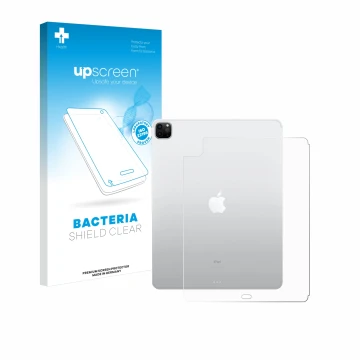 Parte frontal de un envase de producto con el logotipo de la marca upscreen. Al lado se muestra el dispositivo Apple iPad Pro 