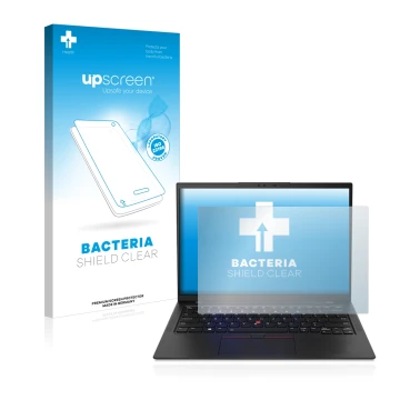 Parte frontal de un envase de producto con el logotipo de la marca upscreen. Al lado se muestra el dispositivo Lenovo ThinkPad