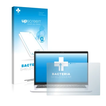 Parte frontal de un envase de producto con el logotipo de la marca upscreen. Al lado se muestra el dispositivo Dell Latitude 7