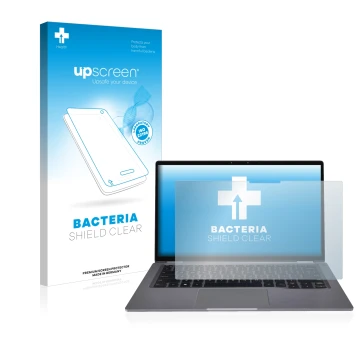 Parte frontal de un envase de producto con el logotipo de la marca upscreen. Al lado se muestra el dispositivo Dell Latitude 9