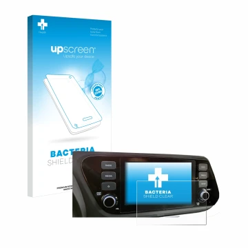 Parte frontal de un envase de producto con el logotipo de la marca upscreen. Al lado se muestra el dispositivo Hyundai i20 202