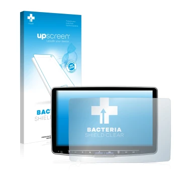 Parte frontal de un envase de producto con el logotipo de la marca upscreen. Al lado se muestra el dispositivo Alpine ILX-F115
