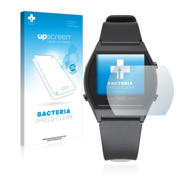 Parte frontal de un envase de producto con el logotipo de la marca upscreen. Al lado se muestra el dispositivo Casio LW-204-1B