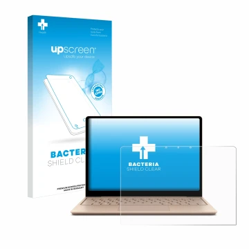 Parte frontal de un envase de producto con el logotipo de la marca upscreen. Al lado se muestra el dispositivo Microsoft Surfa