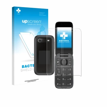 Parte frontal de un envase de producto con el logotipo de la marca upscreen. Al lado se muestra el dispositivo Nokia 2660 Flip