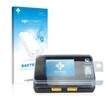 Parte frontal de un envase de producto con el logotipo de la marca upscreen. Al lado se muestra el dispositivo ToolkitRC M6D D