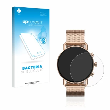 Parte frontal de un envase de producto con el logotipo de la marca upscreen. Al lado se muestra el dispositivo Skagen Falster 