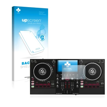 Parte frontal de un envase de producto con el logotipo de la marca upscreen. Al lado se muestra el dispositivo Numark Mixstrea