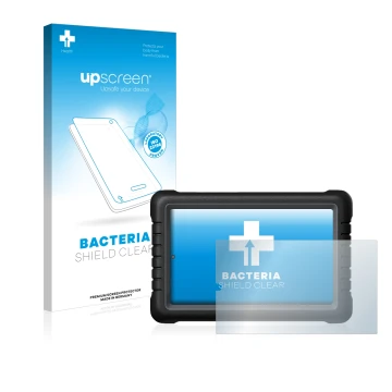 Parte frontal de un envase de producto con el logotipo de la marca upscreen. Al lado se muestra el dispositivo Launch X-431 PR