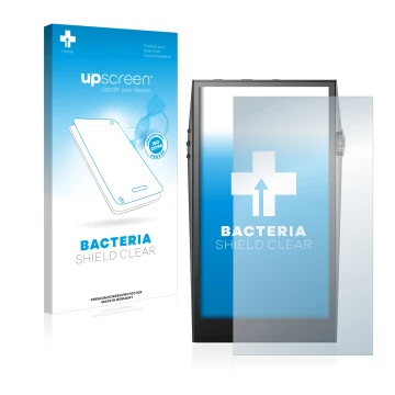 Parte frontal de un envase de producto con el logotipo de la marca upscreen. Al lado se muestra el dispositivo Astell&Kern SP3