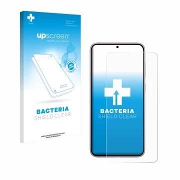 Parte frontal de un envase de producto con el logotipo de la marca upscreen. Al lado se muestra el dispositivo Samsung Galaxy 