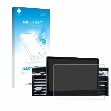 Parte frontal de un envase de producto con el logotipo de la marca upscreen. Al lado se muestra el dispositivo Ford Transit SY