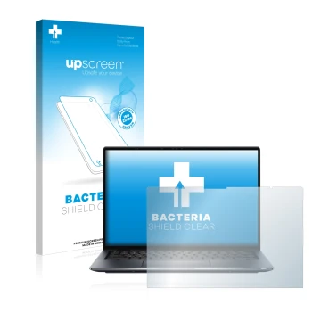 Parte frontal de un envase de producto con el logotipo de la marca upscreen. Al lado se muestra el dispositivo Dell Latitude 9