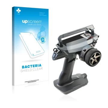 Parte frontal de un envase de producto con el logotipo de la marca upscreen. Al lado se muestra el dispositivo Sanwa MT 44 / M