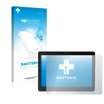 Parte frontal de un envase de producto con el logotipo de la marca upscreen. Al lado se muestra el dispositivo Acepad A145 10.