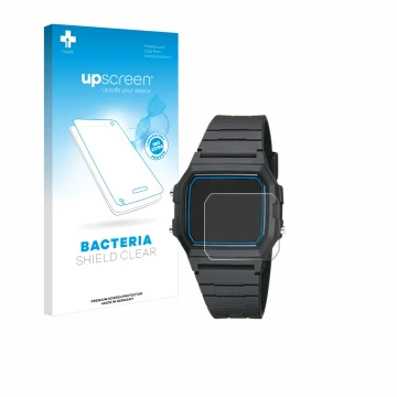 Parte frontal de un envase de producto con el logotipo de la marca upscreen. Al lado se muestra el dispositivo Casio F-105W-1A