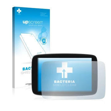 Parte frontal de un envase de producto con el logotipo de la marca upscreen. Al lado se muestra el dispositivo TomTom GO Exclu