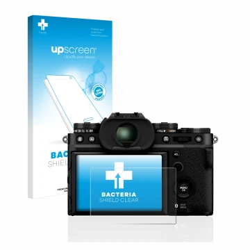 Parte frontal de un envase de producto con el logotipo de la marca upscreen. Al lado se muestra el dispositivo Fujifilm X-T5 c