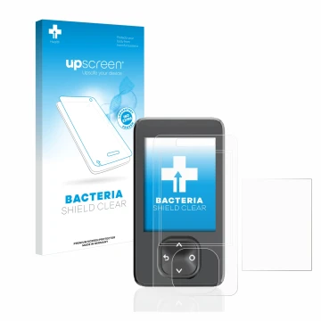 Parte frontal de un envase de producto con el logotipo de la marca upscreen. Al lado se muestra el dispositivo Dexcom G7 CGM c
