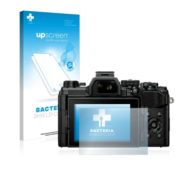 Parte frontal de un envase de producto con el logotipo de la marca upscreen. Al lado se muestra el dispositivo Olympus OM Syst