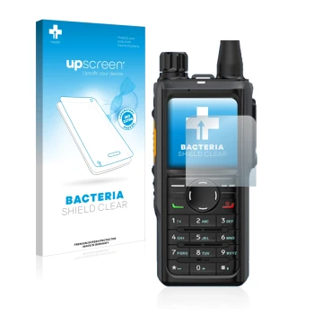 Parte frontal de un envase de producto con el logotipo de la marca upscreen. Al lado se muestra el dispositivo Hytera HP 685 c