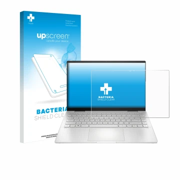 Parte frontal de un envase de producto con el logotipo de la marca upscreen. Al lado se muestra el dispositivo HP Pavilion x36