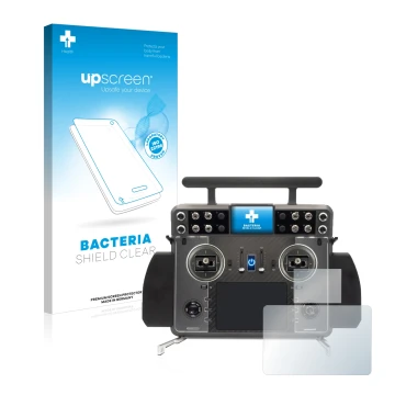Parte frontal de un envase de producto con el logotipo de la marca upscreen. Al lado se muestra el dispositivo FrSky Tandem XE